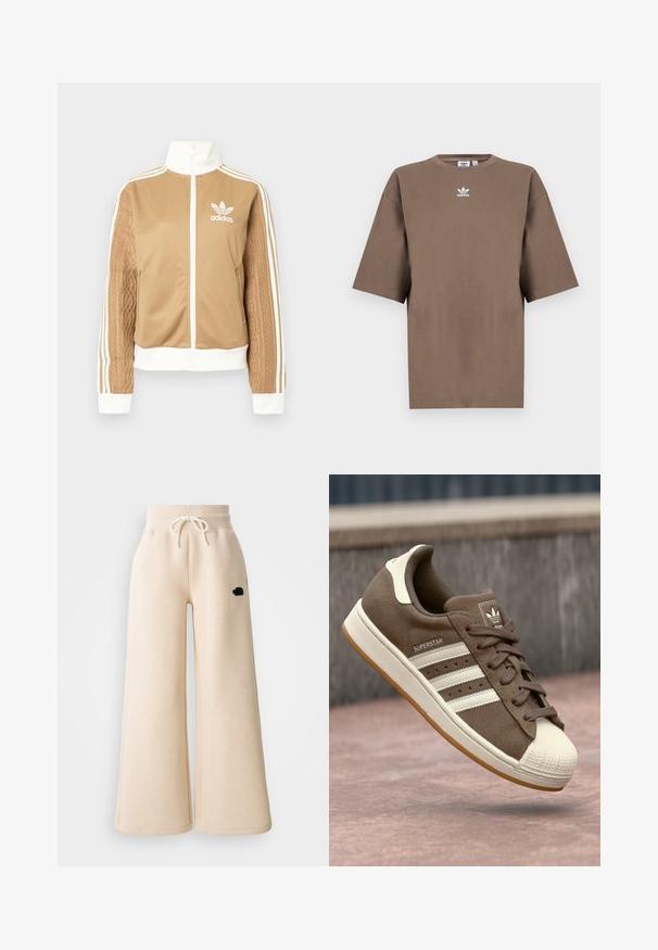 Zipper športna bunda v rjavi barvi z belimi dodatki in tremi belimi črtami na rokavih. Ima strukturiran tkaninski vzorec na enem rokavu. Adidasov logotip na prsih.; Brahna bomba majica s kratkimi rokavi, okroglo ovratnikom in belim Adidasovim logotipom v sredini prsnega dela, z enostavnim dizajnom in sproščenim krojem.; Bež široke trenirke iz mehke tkanine, z elastičnim pasom in vrvico ter majhnim črnim logotipom na strani.; Svetlo rjave semiš teniske z belimi črtami, kremnimi dodatki in gumijastim zaščitnim toe-delom. Imajo vezanje in teksturiran gumijast podplat.