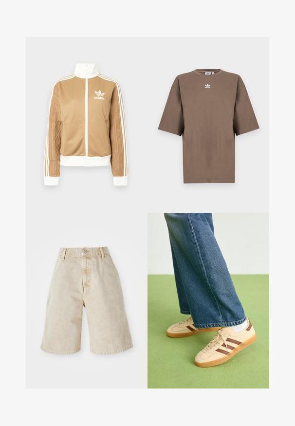 Chaqueta con cremallera en tono marrón y acentos en blanco, con tres rayas blancas en las mangas. Presenta un diseño texturizado tejido en una de las mangas. Logo de Adidas en el pecho.; Camiseta de algodón marrón con mangas cortas, cuello redondo y logo blanco de Adidas centrado en el pecho, con un diseño liso y un ajuste relajado.; Shorts de mezclilla beige con cintura alta, cierre de botón y bolsillos delanteros. Presentan un ajuste casual y holgado con bordes del dobladillo ligeramente deshilachados.; Zapatillas beige con paneles de crema texturizados y rayas marrones, combinadas con unos jeans de mezclilla azul. Los jeans tienen un corte de pierna ancha y dobladillo deshilachado.