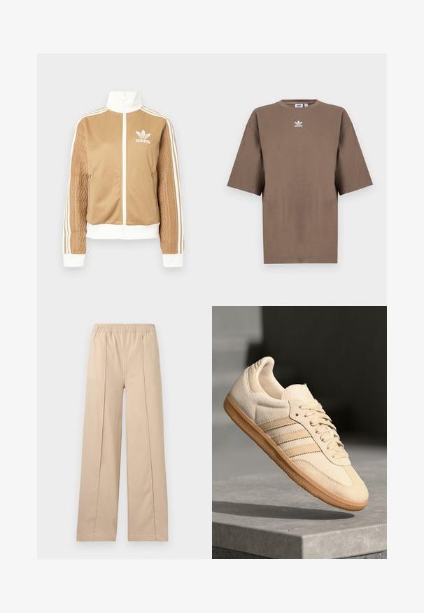 Hnědá zipová bunda s bílými akcenty a třemi bílými pruhy na rukávech. Obsahuje texturovaný tkaný design na jednom rukávu. Logo Adidas na hrudi.; Hnědé bavlněné tričko s krátkým rukávem, kulatým výstřihem a bílým logem Adidas umístěným uprostřed hrudi, s jednoduchým designem a uvolněným střihem.; Beige kalhoty s volnými nohavicemi a elastickým pasem, které mají dva vertikální záhyby, měkkou látku a jednoduchý design.; Světlé béžové semišové tenisky s gumovou podrážkou, třemi diagonálními pruhy a texturovanou špičkou. Na jazyku a boku se nachází logo.