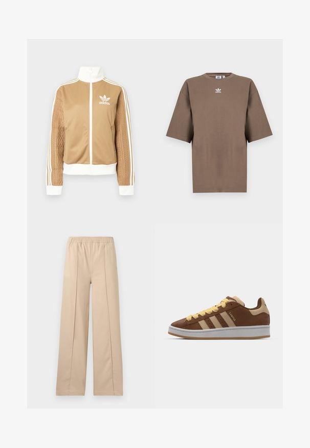 Casaco de fecho éclair em tom de bege com detalhes brancos e três riscas brancas nas mangas. Apresenta um design texturizado na trama de uma das mangas. Logotipo da Adidas no peito.; T-shirt de algodão castanho com mangas curtas, decote redondo e logo branco da Adidas centrado no peitoral, apresentando um design simples e um corte descontraído.; Calças largas bege com uma cintura elástica, apresentando duas linhas de pregas verticais, tecido suave e um design simples.; adidas Originals CAMPUS 00S DOUBLE W - Sapatilhas - preloved brown/sand strata/orange tint