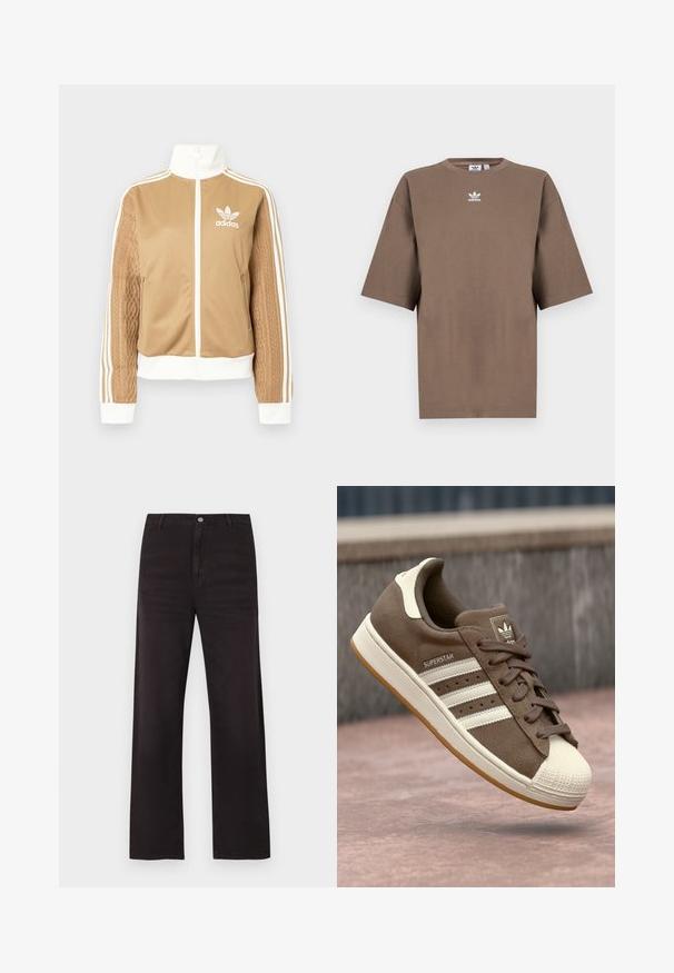 Brązowa kurtka zapinana na zamek błyskawiczny z białymi akcentami i trzema białymi paskami na rękawach. Posiada teksturowany wpleciony wzór na jednym z rękawów. Logo Adidas na klatce piersiowej.; Brązowa bawełniana koszulka z krótkim rękawem, okrągłym dekoltem i białym logo Adidas umiejscowionym na środku klatki piersiowej, charakteryzująca się prostym wzornictwem i luźnym krojem.; Czarne proste dżinsy z szlufkami na pasek, zapięciem na guzik i widocznymi przeszyciami, pokazane na białym tle.; Brązowe zamszowe sneakersy z białymi paskami, kremowymi akcentami i gumowym noskiem. Posiadają sznurowany dół i teksturowaną gumową podeszwę.