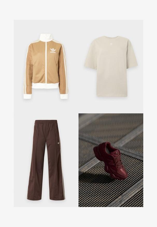 Jachetă zip-up de culoare bej cu accente albe și trei dungi albe pe mâneci. Prezintă un design țesut texturat pe o mânecă. Logo-ul Adidas pe piept.; Tricou bej cu mâneci scurte, realizat din bumbac, cu guler rotund și logo mic alb Adidas imprimat pe piept. Textură moale, croială relaxată.; Pantaloni atletici maro cu design cu picior larg, dungi laterale albe, talie elastică și două buzunare laterale. Prezintă un logo mic pe picior.; Adidași burgundy cu un material superior texturat, design cu șireturi și contururi pronunțate ale tălpii. Include un logo și accente din material sintetic fără cusături.