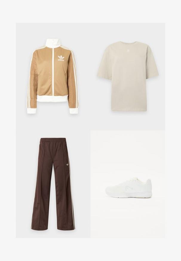 Kraevis sisekavaga jakki valgete aktsentidega ja kolme valge triibuga varrukatel. Ühel varrukal on tekstureeritud kootud muster. Adidas'i logo rinnal.; Beež lühikeste varrukatega t-särk, valmistatud puuvillast, ümara kaelusega ja väikese valge Adidas logo rinnale trükitud. Pehme tekstuur, lõdvestunud istuvus.; Pruunid sportpüksid laiade säärtega, valgete küljeribadega, elastse vöökohaga ja kahe küljetaskuga. Jalal on väike logo.; Valge sportlik king, millel on võrkkangas ülemine osa, sidumisdisain, ümar varvas ja tekstuuritud kummist tald minimaalset brändimist.