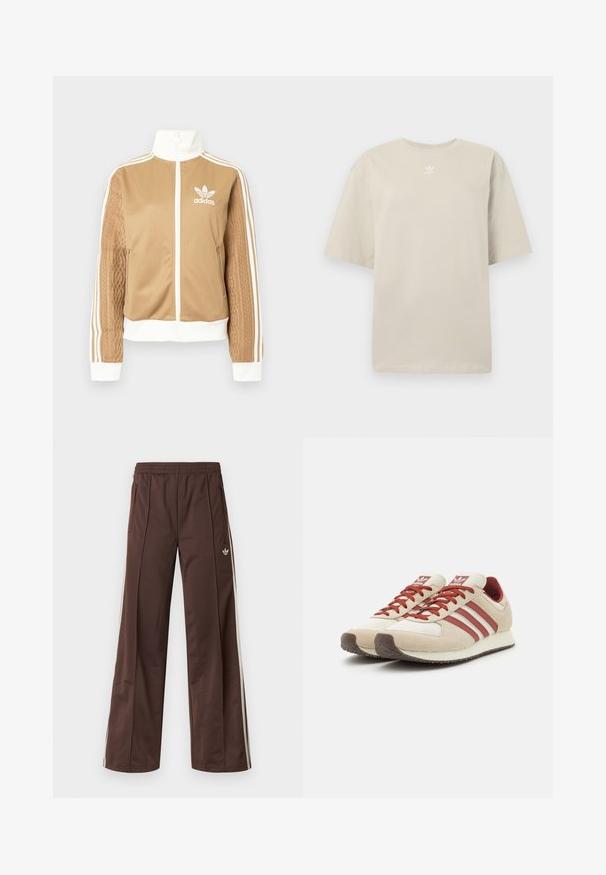 Kraevis sisekavaga jakki valgete aktsentidega ja kolme valge triibuga varrukatel. Ühel varrukal on tekstureeritud kootud muster. Adidas'i logo rinnal.; Beež lühikeste varrukatega t-särk, valmistatud puuvillast, ümara kaelusega ja väikese valge Adidas logo rinnale trükitud. Pehme tekstuur, lõdvestunud istuvus.; Pruunid sportpüksid laiade säärtega, valgete küljeribadega, elastse vöökohaga ja kahe küljetaskuga. Jalal on väike logo.; Beige ja punased retro spordijalatsid, millel on kolm punast triipu, tekstuuriga nahk ja võrgusilm, pehmendatud tallad, ümmargune nina.