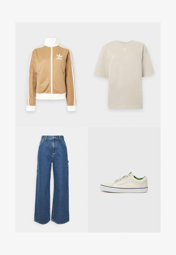 Tan zip-up jacket with white accents and three white stripes on sleeves. Features textured woven design on one sleeve. Adidas logo on chest.; Beige short-sleeve t-shirt made of cotton, featuring a round neck and small white Adidas logo printed on the chest. Soft texture, relaxed fit.; Wide-leg blue denim trousers with a high waist, contrasting stitching, and side pockets, featuring a classic five-pocket design and raw hems.; Beige canvas low-top sneaker with green accents, white rubber sole, and patterned laces. Features a side stripe design.