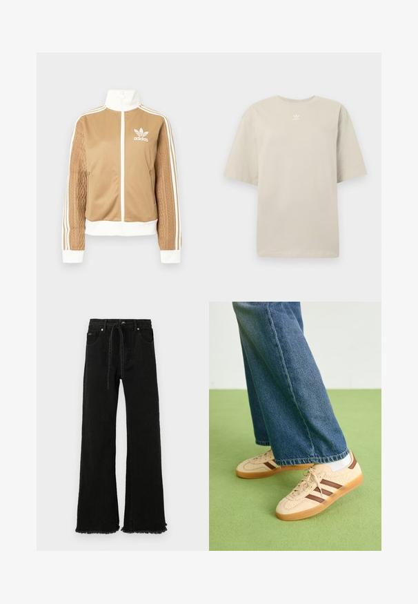 Zipper športna bunda v rjavi barvi z belimi dodatki in tremi belimi črtami na rokavih. Ima strukturiran tkaninski vzorec na enem rokavu. Adidasov logotip na prsih.; Bež bombažna majica s kratkimi rokavi, okroglim izrezom in majhnim belim logotipom Adidas na prsih. Mehka tekstura, sproščen kroj.; Črne široke hlače iz denima z visokim pasom, vrvico, raztrganim robom in petimi žepi. Narejene iz robustne, teksturirane tkanine.; Bež teniske z teksturiranimi kremnimi paneli in rjavimi črtami, v kombinaciji z modrimi kavbojkami. Kavbojke imajo široke hlačnice in raztrgan rob.