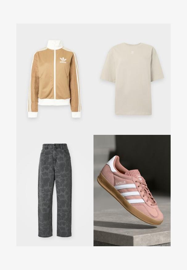 Tan zip-up jack met witte accenten en drie witte strepen op de mouwen. Heeft een gestructureerd geweven ontwerp op één mouw. Adidas-logo op de borst.; Beige T-shirt met korte mouwen van katoen, met een ronde hals en een klein wit Adidas-logo op de borst gedrukt. Zachte textuur, ontspannen pasvorm.; Grijze denim jeans met een bloemenpatroon, hoge taille, rechte pijpen en een klassieke vijf-pocket ontwerp. Duurzaam materiaal met een lichte textuur.; Roze suède sneakers met witte strepen, rubberen gumzool, gestructureerde bovenkant en logo op de tong. Klassiek low-top ontwerp.