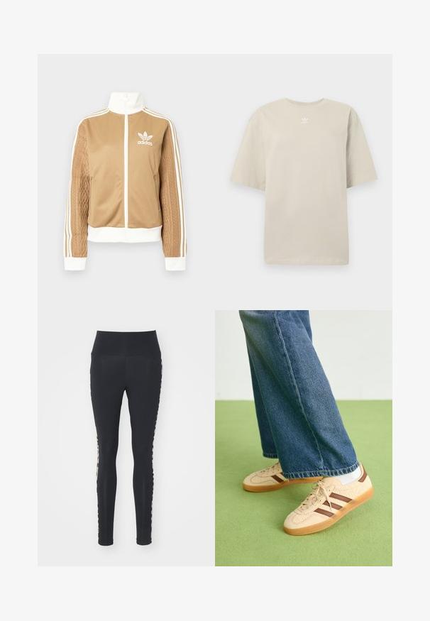 Casaco de fecho éclair em tom de bege com detalhes brancos e três riscas brancas nas mangas. Apresenta um design texturizado na trama de uma das mangas. Logotipo da Adidas no peito.; T-shirt bege de manga curta feita de algodão, com gola redonda e pequeno logótipo branco da Adidas impresso no peito. Textura suave, corte descontraído.; Leggings pretos com uma cintura alta, apresentando um padrão nas laterais em tons neutros. Textura suave, design ajustado que termina nos tornozelos.; Tenis bege com painéis texturizados em creme e riscas castanhas, combinados com jeans de ganga azul. Os jeans têm um corte largo e uma bainha desfiada.
