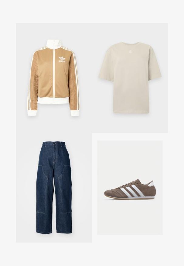 Giacca a zip tan con accenti bianchi e tre strisce bianche sulle maniche. Presenta un design tessuto testo su una manica. Logo Adidas sul petto.; T-shirt beige a maniche corte in cotone, con collo rotondo e piccolo logo Adidas bianco stampato sul petto. Tessuto morbido, vestibilità comoda.; Pantaloni in denim a vita alta di colore blu scuro, con gamba larga, due tasche laterali, cuciture arancioni a contrasto e orlo pulito.; Scarpa sportiva in suede marrone con strisce bianche, punta tonda, design con lacci e suola in gomma. Parte superiore testurizzata con dettagli cuciti.