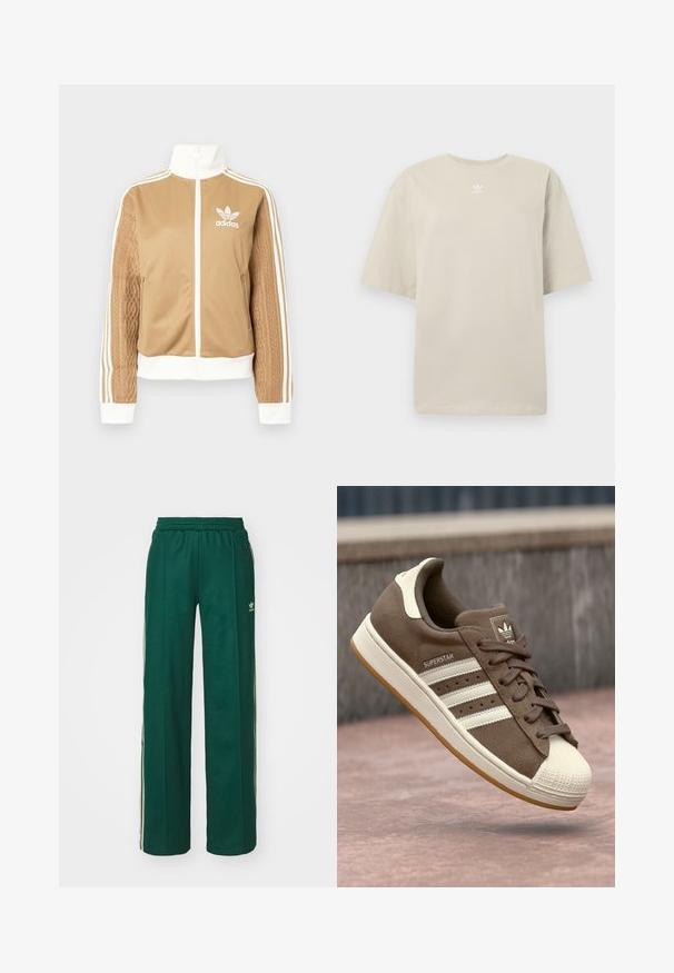 Casaco de fecho éclair em tom de bege com detalhes brancos e três riscas brancas nas mangas. Apresenta um design texturizado na trama de uma das mangas. Logotipo da Adidas no peito.; T-shirt bege de manga curta feita de algodão, com gola redonda e pequeno logótipo branco da Adidas impresso no peito. Textura suave, corte descontraído.; Calças de desporto verde-escuras com um corte relaxado, apresentando uma cintura com cordão, bolsos laterais e riscas creme nas laterais.; Sapatilha de camurça castanha com riscas brancas, detalhes em creme e biqueira de borracha. Apresenta um design com atacadores e sola de borracha texturizada.