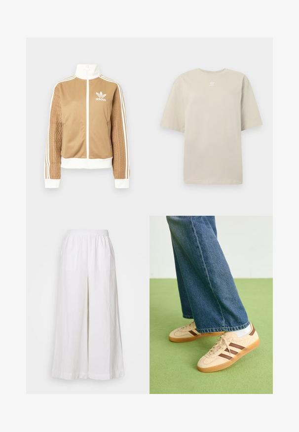 Casaco de fecho éclair em tom de bege com detalhes brancos e três riscas brancas nas mangas. Apresenta um design texturizado na trama de uma das mangas. Logotipo da Adidas no peito.; T-shirt bege de manga curta feita de algodão, com gola redonda e pequeno logótipo branco da Adidas impresso no peito. Textura suave, corte descontraído.; Calças largas de linho brancas com um cós elástico, apresentando dois bolsos frontais e um tecido leve e texturizado.; Tenis bege com painéis texturizados em creme e riscas castanhas, combinados com jeans de ganga azul. Os jeans têm um corte largo e uma bainha desfiada.