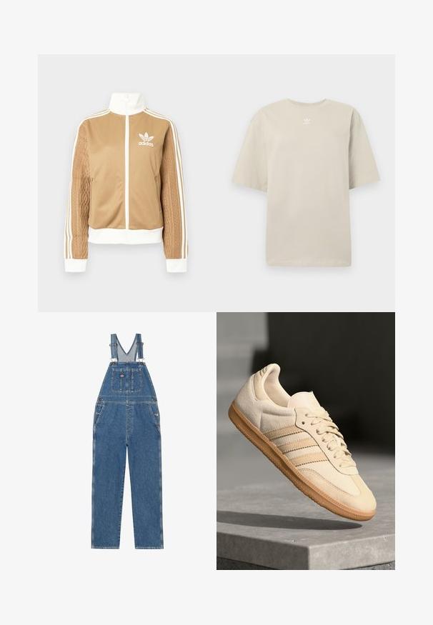 Casaco de fecho éclair em tom de bege com detalhes brancos e três riscas brancas nas mangas. Apresenta um design texturizado na trama de uma das mangas. Logotipo da Adidas no peito.; T-shirt bege de manga curta feita de algodão, com gola redonda e pequeno logótipo branco da Adidas impresso no peito. Textura suave, corte descontraído.; Salopetes de denim com alças ajustáveis, bib um formato V, bolso frontal e bolsos laterais. Apresenta uma cor azul clássica e costura em contraste.; Sapatilha de camurça bege clara com sola de borracha, três riscas diagonais e uma biqueira texturizada. Apresenta o logótipo na língua e na lateral.