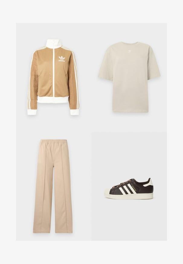 Ruda zip-up striukė su baltais akcentais ir trimis baltais dryžiais ant rankovių. Vienoje rankovėje yra tekstūruotas audinys. Adidas logotipas ant krūtinės.; Bordinė trumpomis rankovėmis medvilninė marškinėliai, suapvalintas kaklas ir mažas baltas Adidas logotipas krūtinėje. Minkšta tekstūra, laisvas kirpimas.; Smėlio spalvos plačios kelnes su elastinga juosta, turinčios dvi vertikalias raukšles, minkštos medžiagos ir paprasto dizaino.; Žemiaaukštis Adidas Superstar sportinis batelis tamsiai rudos spalvos odos, su kreminės spalvos apsaugine toe dalimi, baltais dryžiais ir „Superstar“ užrašu šone.