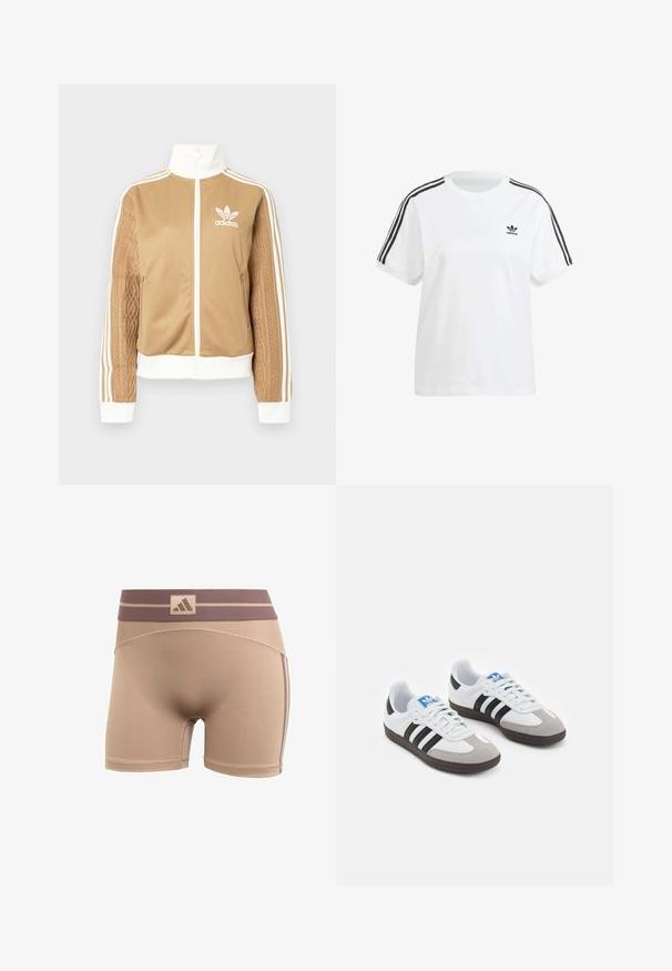 Tan-zip-Jacke mit weißen Akzenten und drei weißen Streifen an den Ärmeln. Besitzt ein strukturiertes Gewebedesign an einem Ärmel. Adidas-Logo auf der Brust.; Weißes Baumwoll-T-Shirt mit kurzen Ärmeln, Rundhalsausschnitt und schwarzen vertikalen Streifen an den Schultern, mit einem kleinen schwarzen Logo auf der Brust.; adidas Performance HYPERGLAM - Tights - chalky brown earth strata; Sportschuhe mit einem Obermaterial aus weißem Leder, grauer Wildleder-Zehenkappe und drei schwarzen Streifen. Sie verfügen über ein blaues Logo auf der Zunge und eine strukturierte Gummisohle.
