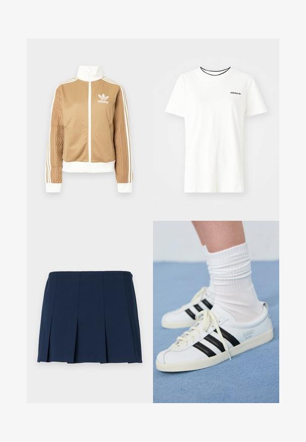 Tan zip-up jakke med hvide accenter og tre hvide striber på ærmerne. Har et tekstureret, vævet design på det ene ærme. Adidas-logo på brystet.; Hvid bomulds t-shirt med korte ærmer og rund halsudskæring. Har et sort Adidas-logo på brystet og en kontrasterende sort indvendig krave.; Mørkeblå, plisseret mini nederdel med en lige talje, lavet af et glat stof. Har lodrette syninger langs plisseringerne.; Hvide lædersneakers med sorte striber, cremefarvet sål og lyse snørebånd. Båret med hvide ribbede sokker, placeret på blå baggrund.