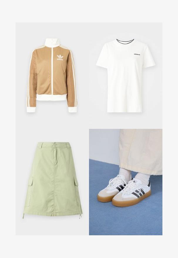 Jachetă zip-up de culoare bej cu accente albe și trei dungi albe pe mâneci. Prezintă un design țesut texturat pe o mânecă. Logo-ul Adidas pe piept.; Tricou alb din bumbac cu mâneci scurte și guler rotund. Prezentă un logo Adidas negru pe piept și un guler interior contrastant de culoare neagră.; Fustă din bumbac verde deschis, până la genunchi, cu două buzunare laterale tip cargo, închidere cu nasture și croială dreaptă relaxată. Textură simplă.; Adidași albi cu dungi negre și accente din suede bej. Au talpă din cauciuc texturat și șireturi albe plate, purtați cu șosete de culori deschise.