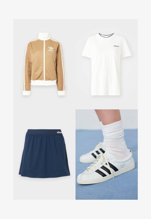 Zipper športna bunda v rjavi barvi z belimi dodatki in tremi belimi črtami na rokavih. Ima strukturiran tkaninski vzorec na enem rokavu. Adidasov logotip na prsih.; Bela bomba majica iz bombaža s kratkimi rokavi in okroglim izrezom. Ima črni Adidas logotip na prsih ter kontrastni črni notranji ovratnik.; Temno modra, mehka krilo-hlače z elastičnim pasom. Ima nabrano oblikovanje in majhen logotip na pasu.; Bele usnjene športne čevlje z črnimi črtami, kremnim podplatom in svetlimi vezalkami. Obuti z belimi rebrastimi nogavicami, postavljeni na modro ozadje.