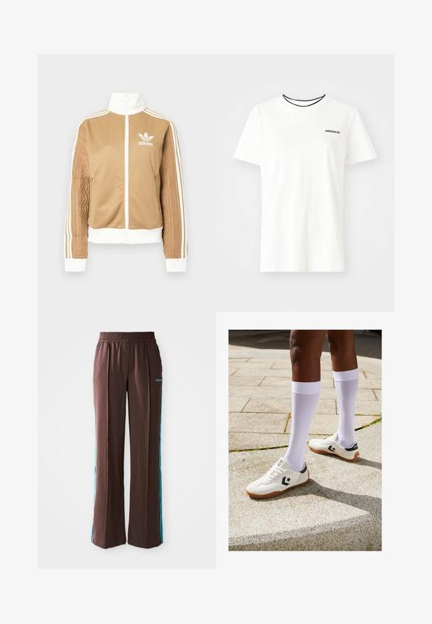 Tan zip-up jacket with white accents and three white stripes on sleeves. Features textured woven design on one sleeve. Adidas logo on chest.; White cotton t-shirt with short sleeves and a round neckline. Features a black Adidas logo on the chest and a contrasting black inner collar.; Brown athletic pants with a ribbed texture, elastic waistband, and turquoise side stripes. Features the adidas logo on the front.; White athletic shoes with a textured surface, black accents, and a brown rubber sole, paired with knee-high white socks.