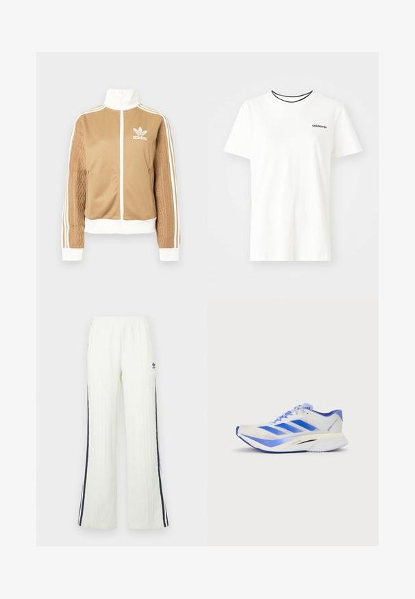 Chaqueta con cremallera en tono marrón y acentos en blanco, con tres rayas blancas en las mangas. Presenta un diseño texturizado tejido en una de las mangas. Logo de Adidas en el pecho.; Camiseta de algodón blanca con manga corta y escote redondo. Presenta un logo negro de Adidas en el pecho y un cuello interior negro en contraste.; Pantalones de color crema claro, de tejido de punto con diseño acampanado. Presentan franjas laterales en azul oscuro y un logo de Adidas en la cadera. Cintura elástica.; Zapatilla de running ligera en malla blanca con acentos azules. Presenta un diseño aerodinámico, suela acolchada y tres franjas diagonales azules en el lateral.