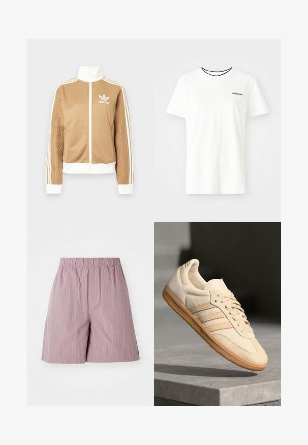 Veste zippée tan avec des accents blancs et trois rayures blanches sur les manches. Présente un design tissé texturé sur une manche. Logo Adidas sur la poitrine.; T-shirt en coton blanc à manches courtes et à encolure ronde. Présente un logo Adidas noir sur la poitrine et un col intérieur noir contrastant.; Shorts rose clair en tissu texturé avec taille élastique et coupe droite. Présente un motif subtil et un ourlet soigné.; Sneaker en suède beige clair avec semelle en gomme, trois rayures diagonales et un capuchon de pied texturé. Logo sur la languette et sur le côté.