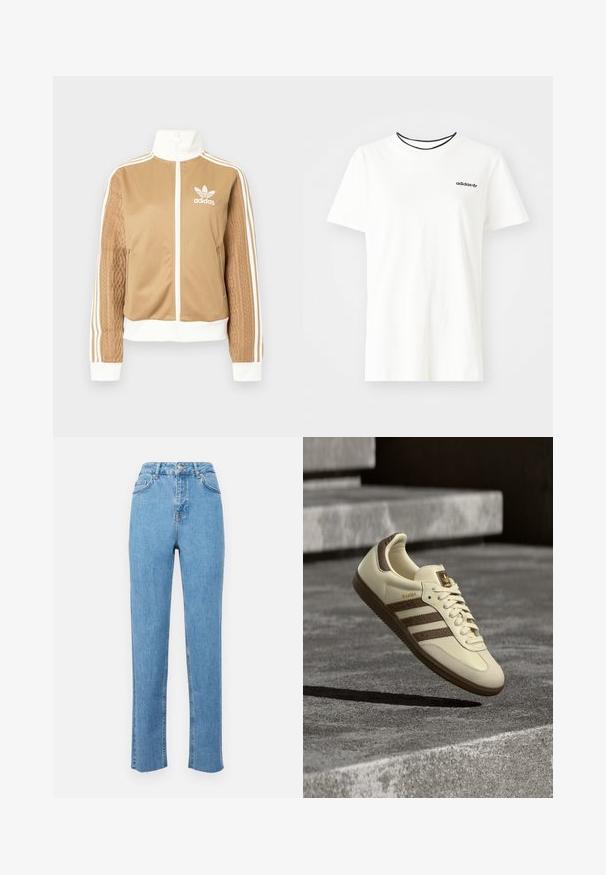 Zipper športna bunda v rjavi barvi z belimi dodatki in tremi belimi črtami na rokavih. Ima strukturiran tkaninski vzorec na enem rokavu. Adidasov logotip na prsih.; Bela bomba majica iz bombaža s kratkimi rokavi in okroglim izrezom. Ima črni Adidas logotip na prsih ter kontrastni črni notranji ovratnik.; Svijetloplave traper hlače visokog struka, ravnog kroja, sa prednjim džepovima i neuređenim rubom na gležnjevima.; Superga v kremni barvi z rjavimi poudarki, teksturiranimi stranskimi črtami in gladkim usnjenim zaključkom. Ima zavezovanje z vezalkami in gumijast podplat.