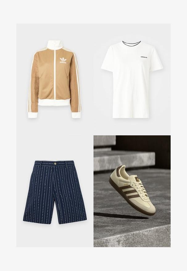 Tan zip-up takki, jossa on valkoisia yksityiskohtia ja kolme valkoista raitaa hihoissa. Yhdellä hihalla on texturoitu kudontasuunnittelu. Adidas-logo rinnassa.; Valkoinen puuvillainen t-paita lyhyillä hihoilla ja pyöreällä kaula-aukolla. Rinnassa musta Adidas-logo ja erottuva musta sisäkaulus.; Laivastonsinisiä shortseja, joissa on pystysuorat raidat ja pieniä sydäntikkuja, valmistettu pehmeästä kankaasta. Varustettu edessä olevalla napilla ja vetoketjulla.; Kermanvärinen tennari, jossa ruskeat yksityiskohdat, teksturoidut sivuraitat ja sileä nahkapinta. Mallissa on nauhakiinnitys ja kumipohja.