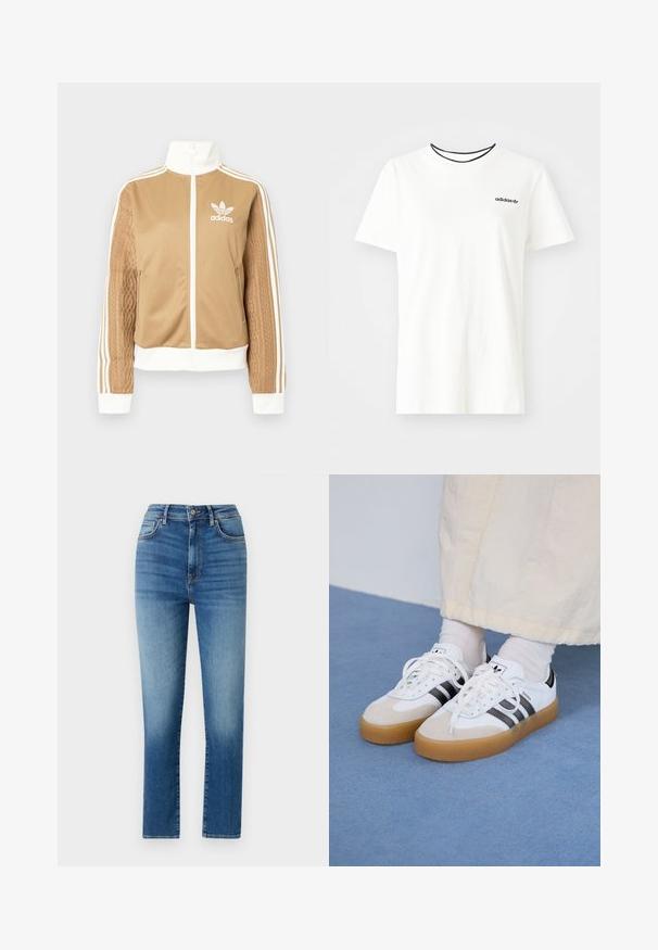 Hnedá mikina na zips s bielymi akcentmi a tromi bielymi pruhmi na rukávoch. Obsahuje textúrovaný tkaný vzor na jednom rukáve. Logo Adidas na hrudi.; Biela bavlnená tričko s krátkymi rukávmi a okrúhlym výstrihom. Obsahuje čierne logo Adidas na hrudi a kontrastný čierny vnútorný golier.; Modré džínsy s vysokým pásom vyrobené z denimu, s rovným strihom, piatimi vreckami a jemným jemným opotrebovaním pre textúru a detail.; Biele tenisky s čiernymi pruhmi a béžovými semišovými detailmi. Majú textúrovanú gumovú podrážku a ploché biele šnúrky, kombinované s svetlými ponožkami.