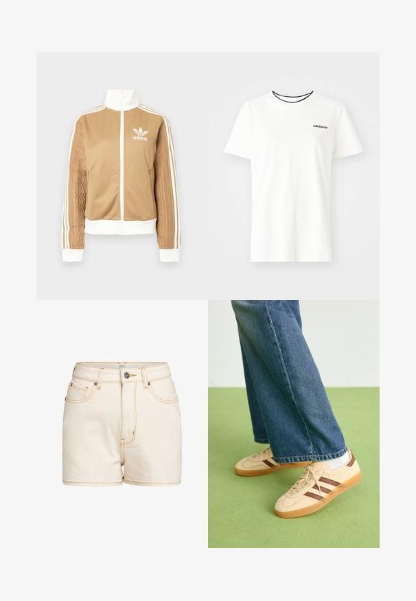 Zipper športna bunda v rjavi barvi z belimi dodatki in tremi belimi črtami na rokavih. Ima strukturiran tkaninski vzorec na enem rokavu. Adidasov logotip na prsih.; Bela bomba majica iz bombaža s kratkimi rokavi in okroglim izrezom. Ima črni Adidas logotip na prsih ter kontrastni črni notranji ovratnik.; Bež traper hlače s visokim pasom, z nasprotnim rumenim šivom, sprednjimi žepi in blagovno znamko na kovinskemu gumbu.; Bež teniske z teksturiranimi kremnimi paneli in rjavimi črtami, v kombinaciji z modrimi kavbojkami. Kavbojke imajo široke hlačnice in raztrgan rob.