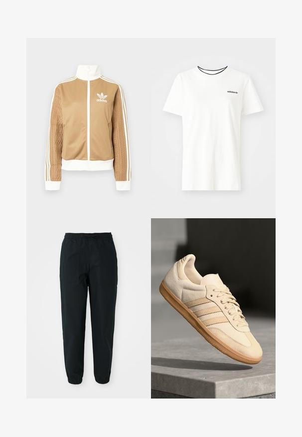 Barna, cipzáras dzseki fehér díszítésekkel és három fehér csíkkal a hajtókákon. Az egyik hajtókán texturált szövet mintázat található. Az Adidas logo a mellkason.; Fehér pamut póló rövid ujjakkal és kerek nyakkivágással. A mellkason egy fekete Adidas logó található, valamint kontrasztos fekete belső gallér.; Fekete karcsúsított nadrág sima anyagból, rugalmas derékkal, húzózsinórral és oldalsó patch zsebekkel. Rugalmas mandzsetták a bokánál.; Világos bézs velúr sportcipő, gumitalppal, három átlós csíkkal és texturált orral. A díszítés a nyelven és az oldalon található.