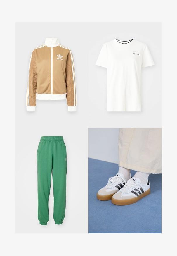 Ruda zip-up striukė su baltais akcentais ir trimis baltais dryžiais ant rankovių. Vienoje rankovėje yra tekstūruotas audinys. Adidas logotipas ant krūtinės.; Balta medvilnė marškinėliai su trumpomis rankovėmis ir apvalia iškirpte. Ant krūtinės yra juodas Adidas logotipas, o vidinė apykaklė yra kontrastinga juoda.; adidas Originals JOGGERS - Treningo apatinė dalis - preloved green; Baltos sportbačiai su noir juostomis ir šviesiai rudos zomšos akcentais. Yra tekstūruota gumos padas ir plokščiomis baltomis raištelėmis, dėvimi su šviesiai spalvotomis kojinėmis.