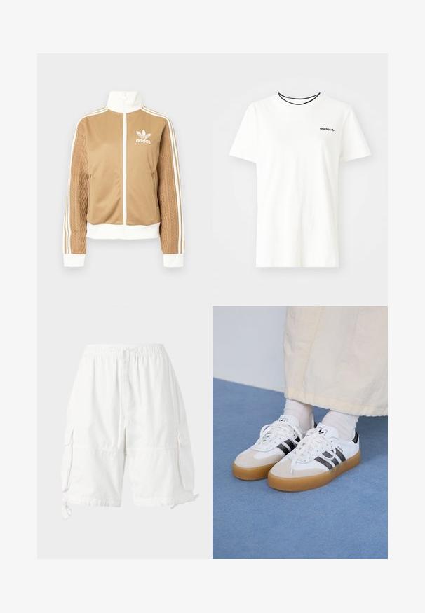 Zipper športna bunda v rjavi barvi z belimi dodatki in tremi belimi črtami na rokavih. Ima strukturiran tkaninski vzorec na enem rokavu. Adidasov logotip na prsih.; Bela bomba majica iz bombaža s kratkimi rokavi in okroglim izrezom. Ima črni Adidas logotip na prsih ter kontrastni črni notranji ovratnik.; Beli cargo kratke hlače z elastičnim pasom in vrvico, z dvema stranskima žepoma in nastavljivimi vrvicami na robu. Narejene iz lahkotnega materiala.; Bele tene škornje s črnimi črtami in bež usnjenimi detajli. Imajo teksturirano gumijasto podplat in ravne bele vezalke, nosijo se z svetlimi nogavicami.