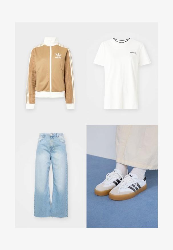 Brun zip-up jakke med hvite detaljer og tre hvite striper på ermene. Har et teksturert vevd design på den ene ermen. Adidas-logo på brystet.; Hvit bomull t-skjorte med korte ermer og rund hals. Har en svart Adidas-logo på brystet og en kontrasterende svart indre krage.; Lys blå vide jeans i denim, med høy livhøyde, falmingdetaljer, knappelukking og rå kant nederst.; Hvite sneakers med svarte striper og beige semsket skinn-detaljer. Har en teksturert gummisåle og flate hvite snører, brukt med lyse sokker.