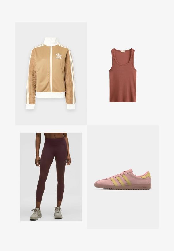 Barna, cipzáras dzseki fehér díszítésekkel és három fehér csíkkal a hajtókákon. Az egyik hajtókán texturált szövet mintázat található. Az Adidas logo a mellkason.; Terrakotta színű, bordázott ujjatlan top, kerek nyakkivágással és széles karlytókkal, puha, könnyű anyagból készült.; Bordó, magas derekú leggings rugalmas anyagból, oldalsó zsebekkel és az ankle-ig érő, testhez simuló fazonnal.; Rózsaszín velúr edzőcipő három sárga csíkkal, lekerekített orral és texturált gumitalppal. Alacsony profilú kialakítás puha nyakkal.