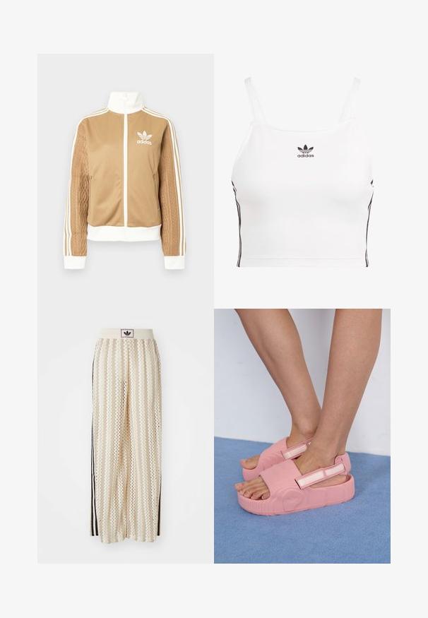Hnědá zipová bunda s bílými akcenty a třemi bílými pruhy na rukávech. Obsahuje texturovaný tkaný design na jednom rukávu. Logo Adidas na hrudi.; Bílý zkrácený top na ramínka s tenkými popruhy, černé logo Adidas na hrudi a černé boční proužky. Vyrobeno z elastického, hladkého materiálu.; Krémové široké kalhoty s cikcak vzorem, s černým logem na pásu a černými pruhy po stranách. Lehčí, texturovaná tkanina.; Růžové gumové skluzové sandály s texturovaným svrškem, nastavitelným páskem a silnou podrážkou, které ukazují vlnité vzory a logo značky na boku.