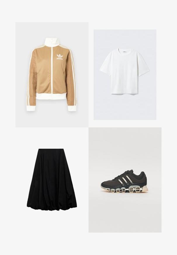 Hnedá mikina na zips s bielymi akcentmi a tromi bielymi pruhmi na rukávoch. Obsahuje textúrovaný tkaný vzor na jednom rukáve. Logo Adidas na hrudi.; Biele tričko s krátkym rukávom z jemnej bavlnenej tkaniny, s okrúhlym výstrihom a uvoľneným strihom so rovnými okrajmi, jednoduché bez vzorov alebo grafiky.; Čierna midi sukňa vyrobená z ľahkej tkaniny, s objemným strihom a zhromaždenými detailmi na leme a plisovaným dizajnom v oblasti pásu.; Čierna športová obuv s textúrovaným zvrškom, tromi striebornými pruhmi a charakteristickou podošvou s viacerými integrovanými sekciami.