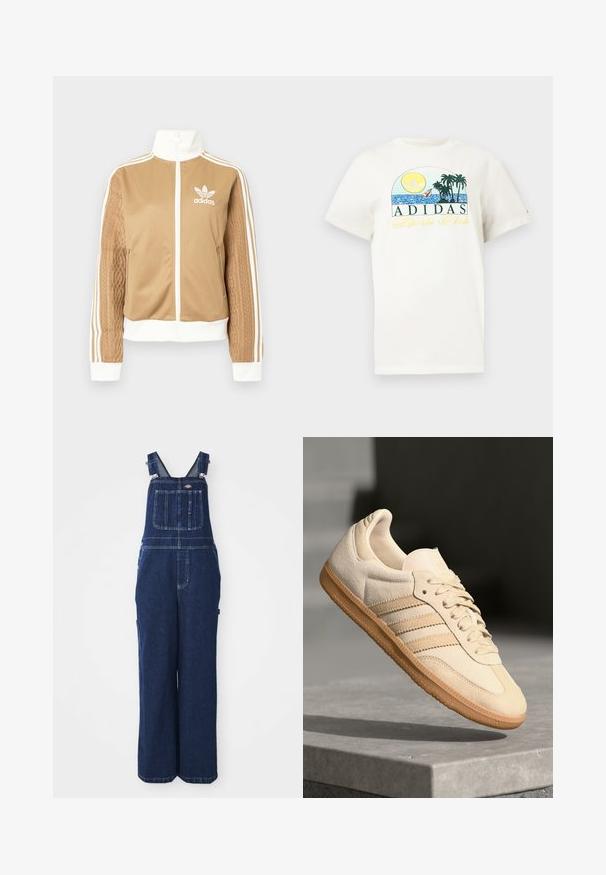 Tamni zip-up jakna s bijelim naglascima i tri bijele pruge na rukavima. Ima teksturirani tkaninski uzorak na jednom rukavu. Adidas logo na prsima.; Bijela pamučna majica s grafičkim dizajnom na kojem su sunce, palme i voda. Ispisano "ADIDAS Sports Club" u zelenoj i žutoj boji.; Traperice na bretele u tamnoplavoj boji, s podesivim trakama, džepom na prsima, bočnim džepovima i širokim, raskošnim krojem. Klasične šavove.; Svijetlosmeđi nubuk tenisice s gumenim potplatom, tri dijagonalne pruge i teksturirani vrh. Sadrži logo na jeziku i bočnoj strani.