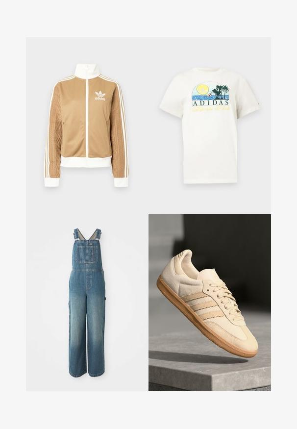 Zipper športna bunda v rjavi barvi z belimi dodatki in tremi belimi črtami na rokavih. Ima strukturiran tkaninski vzorec na enem rokavu. Adidasov logotip na prsih.; Bela bombažna majica s grafičnim dizajnom, ki prikazuje sonce, palme in vodo. "ADIDAS Sports Club" natisnjeno v zeleni in rumeni barvi.; Jeansové kombinézy s širokými nohavicami, nastaviteľnými ramennými popruhmi, prednou vreckom a vybledlou modrou farbou. Vyrobené z pevného bavlneného materiálu.; Svetlo bež semišni športni copat z gumijastim podplatom, trije poševni trakovi in teksturiran zaščitni del. Vsebuje logotip na ježku in strani.