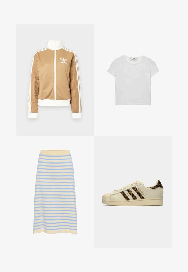 Tan-zip-Jacke mit weißen Akzenten und drei weißen Streifen an den Ärmeln. Besitzt ein strukturiertes Gewebedesign an einem Ärmel. Adidas-Logo auf der Brust.; Weißes T-Shirt mit kurzen Ärmeln und Rundhalsausschnitt, aus weicher Baumwolle gefertigt, mit einem schlichten, sauberen Design ohne sichtbare Muster oder Akzente.; Gestreifter Midikleid Röcke aus weicher Baumwolle mit einem hellgelben Grundton und blauen horizontalen Streifen. Mit einem gerippten elastischen Bund.; Off-white Adidas Superstar Sneaker mit Leopardenmuster-Streifen und Fersenklappe, beiger Gummischalenzehen und "SUPERSTAR"-Text an der Seite.
