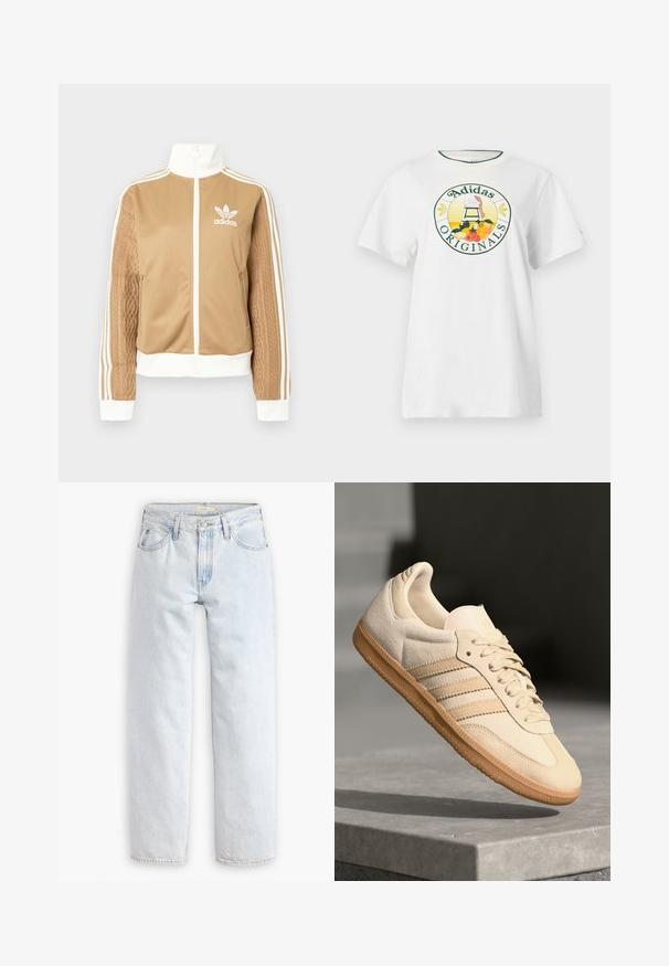 Barna, cipzáras dzseki fehér díszítésekkel és három fehér csíkkal a hajtókákon. Az egyik hajtókán texturált szövet mintázat található. Az Adidas logo a mellkason.; Fehér pamut póló rövid ujjakkal, kerek grafikus logóval zöld és sárga színben, amelyen az "Adidas Originals" felirat és gyümölcs minták láthatók.; Világoskék, egyenes szárú farmernadrág magas derékkal, öt zsebbel, elülső gombos záródással és látható varrási részletekkel.; Világos bézs velúr sportcipő, gumitalppal, három átlós csíkkal és texturált orral. A díszítés a nyelven és az oldalon található.