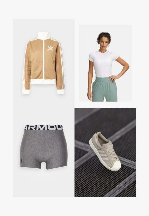 Tan zip-up jacket with white accents and three white stripes on sleeves. Features textured woven design on one sleeve. Adidas logo on chest.; White fitted t-shirt with short sleeves, paired with light green elastic waistband pants. Smooth texture, minimalist design, and no visible patterns.; Gray athletic shorts with a fitted design, made from a textured material. Features a wide black waistband with "ARMOUR" in white.; Beige Adidas Superstar sneaker with textured leather upper, three lateral stripes, round toe cap, and logo on tongue and heel.