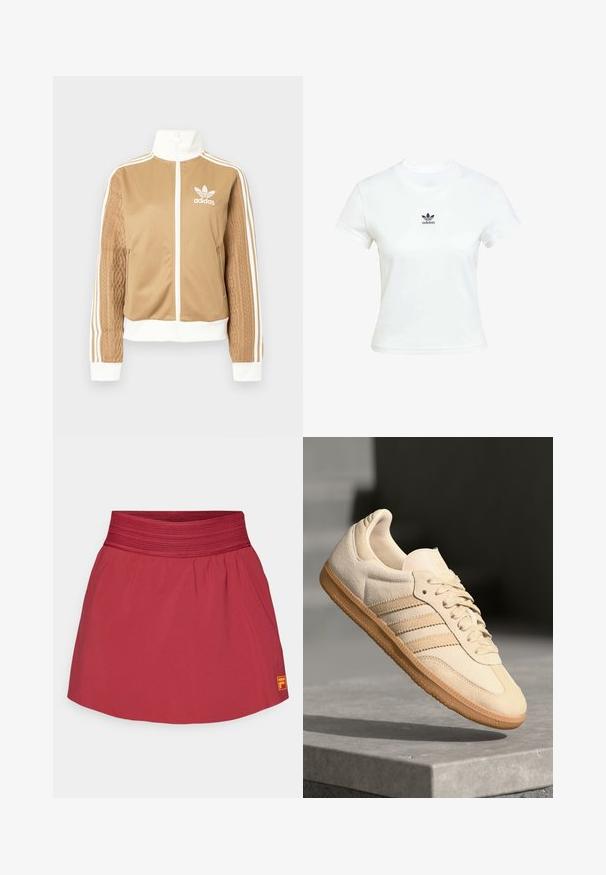 Chaqueta con cremallera en tono marrón y acentos en blanco, con tres rayas blancas en las mangas. Presenta un diseño texturizado tejido en una de las mangas. Logo de Adidas en el pecho.; Camiseta blanca de algodón con mangas cortas y cuello redondo. Presenta un logo negro de Adidas impreso en el pecho. Diseño simple y minimalista.; Falda deportiva roja con una amplia cinturilla elástica, tela ligera, textura fruncida y un pequeño logotipo naranja en la esquina inferior derecha.; Zapatillas de ante beige claro con suela de goma, tres rayas diagonales y una puntera texturizada. Presenta el logo en la lengüeta y en el lateral.