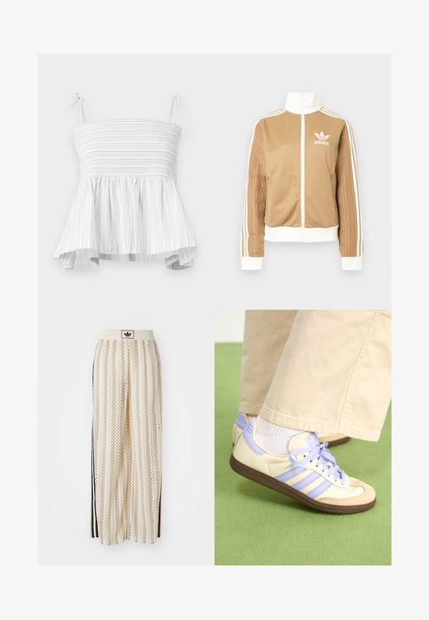 Brązowa kurtka zapinana na zamek błyskawiczny z białymi akcentami i trzema białymi paskami na rękawach. Posiada teksturowany wpleciony wzór na jednym z rękawów. Logo Adidas na klatce piersiowej.; Biała top bez ramiączek z marszczonym bodicem i rozszerzanym dołem. Posiada pionowe jasnoszare paski oraz regulowane sznurki dla bezpiecznego dopasowania.; Kremowe szerokie spodnie w stylu palazzo z wzorem w zygzak, z czarnym paskiem z logo oraz bocznymi czarnymi paskami. Lekki, teksturowany materiał.; Kremowe i lawendowe trampki z trzema paskami oraz teksturowaną brązową podeszwą, wyposażone w sznurówki i wyścieloną piętę. Górna część z miękkiego materiału.