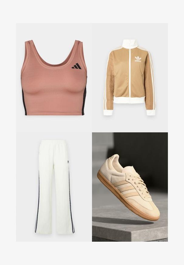 Chaqueta con cremallera en tono marrón y acentos en blanco, con tres rayas blancas en las mangas. Presenta un diseño texturizado tejido en una de las mangas. Logo de Adidas en el pecho.; Sostén deportivo de suave tela rosa pálido con escote redondeado, franjas laterales negras y sutiles acentos de logo. Ajuste entallado con textura suave.; Pantalones de color crema claro, de tejido de punto con diseño acampanado. Presentan franjas laterales en azul oscuro y un logo de Adidas en la cadera. Cintura elástica.; Zapatillas de ante beige claro con suela de goma, tres rayas diagonales y una puntera texturizada. Presenta el logo en la lengüeta y en el lateral.