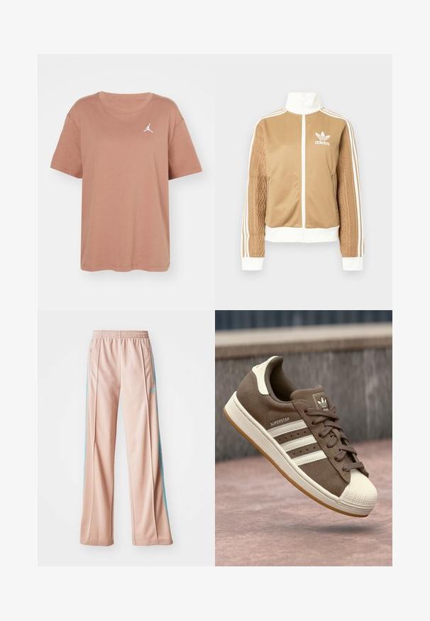 Casaco de fecho éclair em tom de bege com detalhes brancos e três riscas brancas nas mangas. Apresenta um design texturizado na trama de uma das mangas. Logotipo da Adidas no peito.; Jordan TEE - T-shirt básica - archaeo brown/(white); Calças desportivas rosa claro com um ajuste relaxado, apresentando riscas laterais azuis e um cós com cordão. Feitas de um tecido suave e leve.; Sapatilha de camurça castanha com riscas brancas, detalhes em creme e biqueira de borracha. Apresenta um design com atacadores e sola de borracha texturizada.