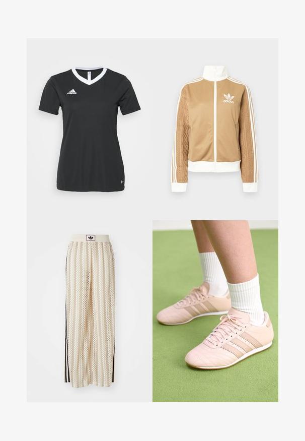Kraevis sisekavaga jakki valgete aktsentidega ja kolme valge triibuga varrukatel. Ühel varrukal on tekstureeritud kootud muster. Adidas'i logo rinnal.; Must naiste lühikeste varrukatega spordipoolt-särk V-kaelusega ja valge kraega. Vasakul rinnal valge Adidas'i logo, valmistatud siledast sünteetilisest kangast.; Kreemivärvilised lai säärega püksid, millel on siksakmustrit, must logoga vööp ja külgmised mustad triibud. Kerge, tekstureeritud kangas.; Heled roosa sportjalatsid diagonaalse õmblusega, valged tallad ja kolm külgtriipu. Kandmiseks ribadega valgete sokkidega rohelisel pinnal.