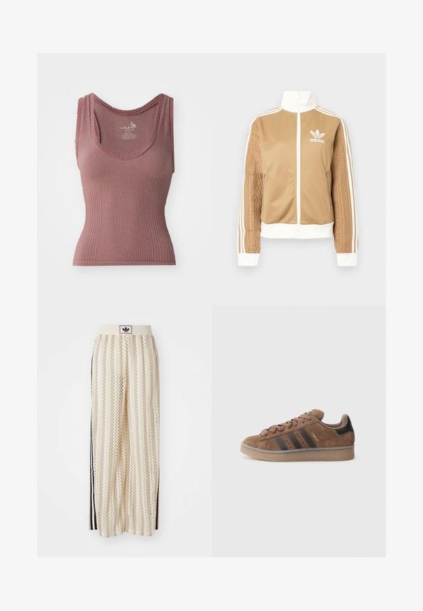 Tan zip-up jacket with white accents and three white stripes on sleeves. Features textured woven design on one sleeve. Adidas logo on chest.; Ribbed tank top in deep red, featuring a U-neckline, wide straps, and a fitted silhouette. Made from a stretchy, textured fabric.; Cream-colored wide-leg pants with a zigzag pattern, featuring a black logo waistband and side black stripes. Lightweight, textured fabric.; Brown suede sneaker with three dark stripes, textured lace-up front, and a contrasting black heel. Features a rubber sole and gold branding.