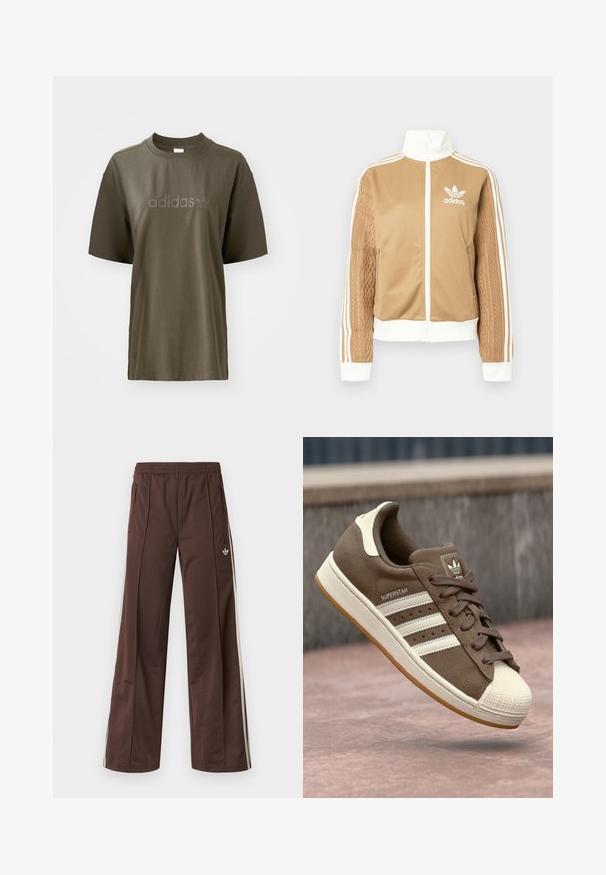 Casaco de fecho éclair em tom de bege com detalhes brancos e três riscas brancas nas mangas. Apresenta um design texturizado na trama de uma das mangas. Logotipo da Adidas no peito.; T-shirt de algodão verde oliva com decote redondo, mangas curtas e logótipo "adidas" em tom sobre tom no peito. Design minimalista e textura suave.; Calças desportivas castanhas com design de perna larga, riscas laterais brancas, cintura elástica e dois bolsos laterais. Apresentam um pequeno logótipo na perna.; Sapatilha de camurça castanha com riscas brancas, detalhes em creme e biqueira de borracha. Apresenta um design com atacadores e sola de borracha texturizada.