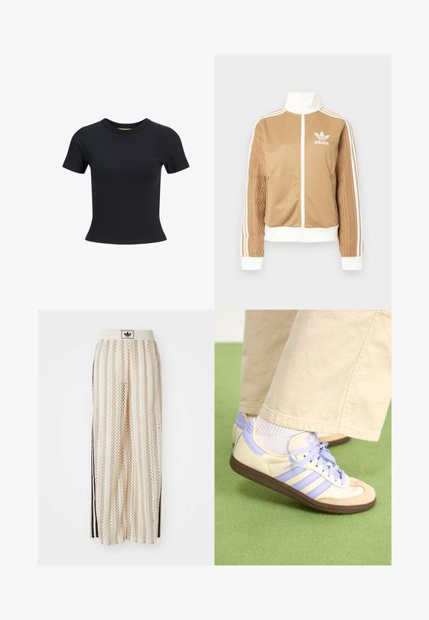 Brun zip-up jakke med hvite detaljer og tre hvite striper på ermene. Har et teksturert vevd design på den ene ermen. Adidas-logo på brystet.; Svart t-skjorte med korte ermer laget av glatt bomull, med rund hals og en tettsittende silhuett. Enkel, ensfarget design.; Kremfargede bukser med brede ben og zigzag-mønster, med en svart logo-linning og svarte striper på siden. Lett, teksturert stoff.; Kremfargede og lavendelfargede joggesko med tre striper og en teksturert brun såle, med lisser og en polstret hæl. Mykt stofføvre.