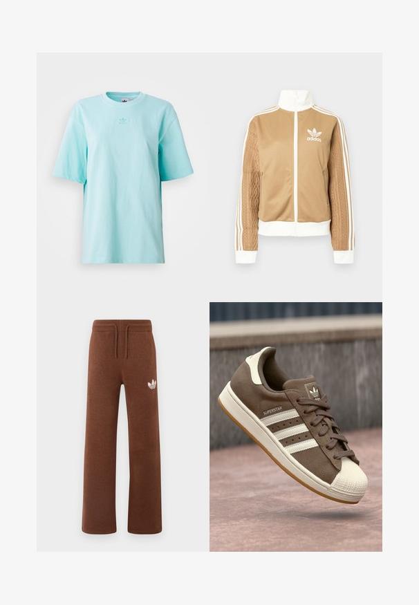 Hnědá zipová bunda s bílými akcenty a třemi bílými pruhy na rukávech. Obsahuje texturovaný tkaný design na jednom rukávu. Logo Adidas na hrudi.; Svetle modré tričko s krátkým rukávem vyrobené z bavlny. Má kulatý výstřih a malou logo ozdobu na hrudi. Měkká textura.; Hnědé tepláky vyrobené z měkkého materiálu s volným střihem, s elastickým pasem, šňůrkou a bílým logem na levém stehně.; Hnědé semišové tenisky s bílými pruhy, krémovými akcenty a gumovou špičkou. Obsahují šněrovací design a strukturovanou gumovou podrážku.