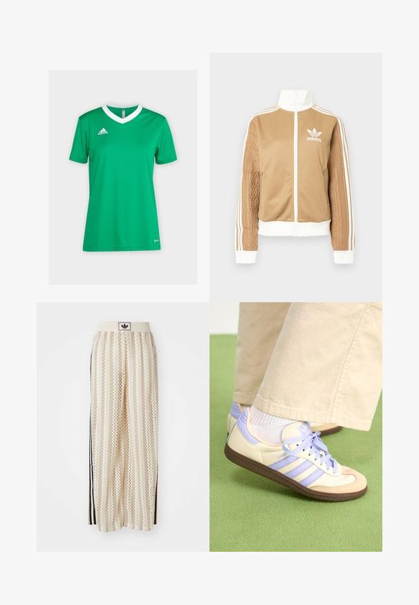 Tamni zip-up jakna s bijelim naglascima i tri bijele pruge na rukavima. Ima teksturirani tkaninski uzorak na jednom rukavu. Adidas logo na prsima.; Zelena atletska majica s bijelim V-izrezom i kratkim rukavima. Napravljena od prozračnog materijala s Adidas logom na lijevoj strani prsnog koša.; Pantalone širokog kroja krem boje s zigzag uzorkom, koji sadrži sivi pojas s crnim logotipom i bočne crne pruge. Lagani, teksturirani materijal.; Kremasto-ljubičaste tenisice s tri pruge i strukturiranim smeškim potplatom, s vezicama i podstavljenim petom. Mekana gornja tkanina.
